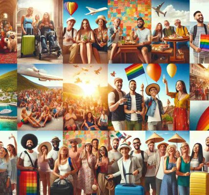 An HD quality image portraying a positive change in LGBTQ representation in the tourism sector. The image could include diverse groups of people of various gender identities and sexual orientations enjoying travel, sightseeing, exploring new cultures, and engaging in local activities. Showcase heterogeneity and inclusiveness, highlighting a journey of discovery and acceptance, where people are not confined by social expectations or stereotypes. Create this imagery to convey an uplifting message of progression in embracing diversity and fostering understanding and respect in international tourism.