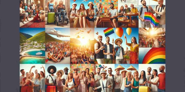 An HD quality image portraying a positive change in LGBTQ representation in the tourism sector. The image could include diverse groups of people of various gender identities and sexual orientations enjoying travel, sightseeing, exploring new cultures, and engaging in local activities. Showcase heterogeneity and inclusiveness, highlighting a journey of discovery and acceptance, where people are not confined by social expectations or stereotypes. Create this imagery to convey an uplifting message of progression in embracing diversity and fostering understanding and respect in international tourism.