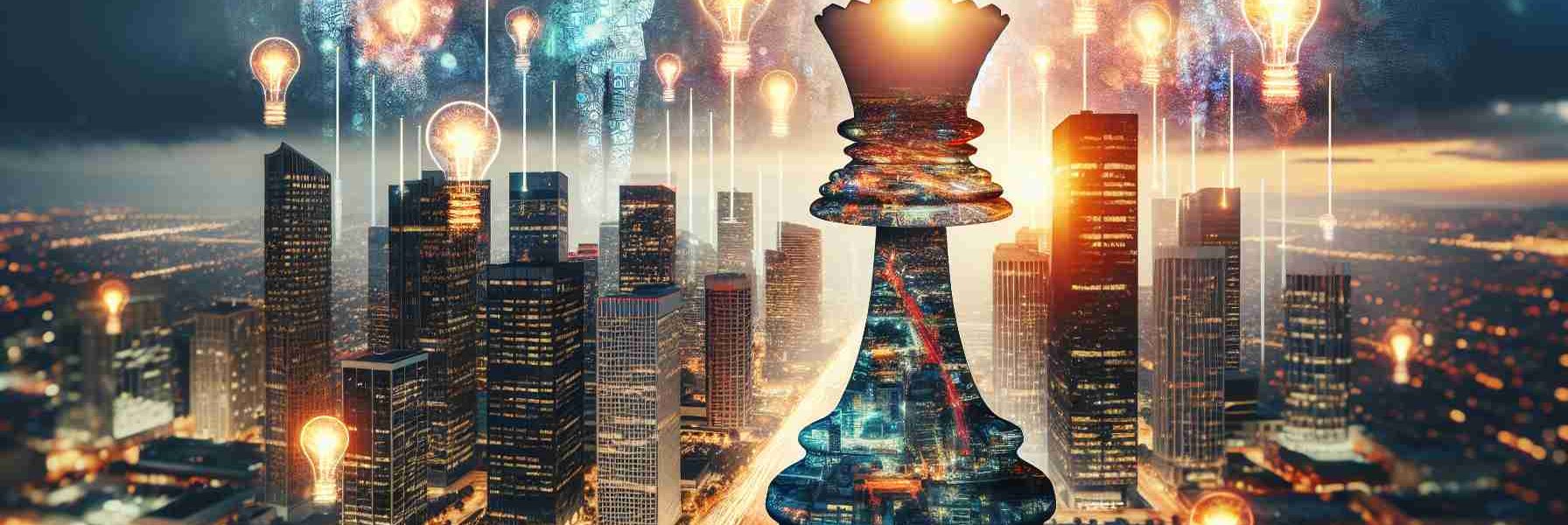 An HD image showcasing the concept of the emergence of innovative leadership strategies in modern business. It could be a symbolic shot of high skyscrapers or office buildings, with lights scattered like ideas sparking. Prominent in the foreground, show an abstract figure, perhaps in the form of a chess king piece, indicating leadership. Use the glowing neon color to symbolize innovation. The scenery should reflect a bustling commercial district to signify a modern business environment. The elements included should visibly communicate a sense of strategic planning and forward-thinking attitudes.