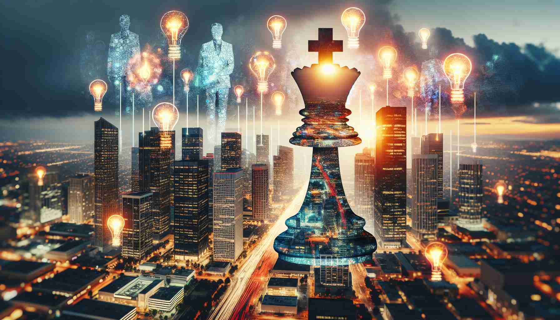 An HD image showcasing the concept of the emergence of innovative leadership strategies in modern business. It could be a symbolic shot of high skyscrapers or office buildings, with lights scattered like ideas sparking. Prominent in the foreground, show an abstract figure, perhaps in the form of a chess king piece, indicating leadership. Use the glowing neon color to symbolize innovation. The scenery should reflect a bustling commercial district to signify a modern business environment. The elements included should visibly communicate a sense of strategic planning and forward-thinking attitudes.