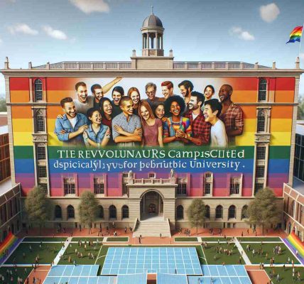 An image of a revolutionary campus center dedicated specifically to the LGBTQ+ community at a prestigious, historic university. It is HD and hyperrealistic, showcasing the center in its full vibrancy. A large, rainbow flag is hanging proudly on the building. Students of various genders and descents, including Caucasian, Hispanic, Black, Middle Eastern, and South Asian, are happily engaging in various activities, signifying inclusivity. One can see the beautiful architectural features of the center, a signal that great care and thought have been put into the design.