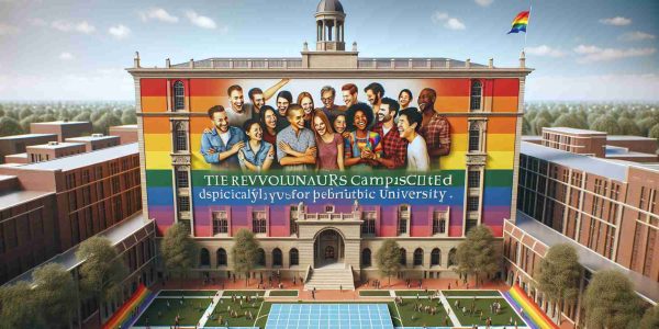 An image of a revolutionary campus center dedicated specifically to the LGBTQ+ community at a prestigious, historic university. It is HD and hyperrealistic, showcasing the center in its full vibrancy. A large, rainbow flag is hanging proudly on the building. Students of various genders and descents, including Caucasian, Hispanic, Black, Middle Eastern, and South Asian, are happily engaging in various activities, signifying inclusivity. One can see the beautiful architectural features of the center, a signal that great care and thought have been put into the design.