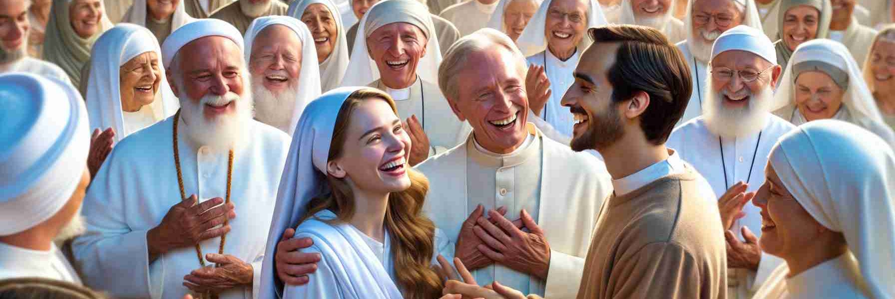 An ultra high-definition image capturing the essence of joy and mercy. The scene presents a gathering of religious leaders, signifying unity and harmony. A female religious leader of Caucasian descent and a Hispanic male religious leader are at the centre, happily engaged in a conversation indicating mutual respect. They are surrounded by a diverse group of religious leaders of different genders and descents. Happiness and mercy are pervading the environment, and the message of compassion and love is clear. The atmosphere is filled with warmth and understanding, embodying the essential teachings of their faith.