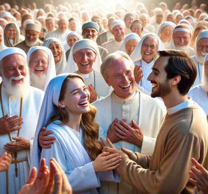 An ultra high-definition image capturing the essence of joy and mercy. The scene presents a gathering of religious leaders, signifying unity and harmony. A female religious leader of Caucasian descent and a Hispanic male religious leader are at the centre, happily engaged in a conversation indicating mutual respect. They are surrounded by a diverse group of religious leaders of different genders and descents. Happiness and mercy are pervading the environment, and the message of compassion and love is clear. The atmosphere is filled with warmth and understanding, embodying the essential teachings of their faith.