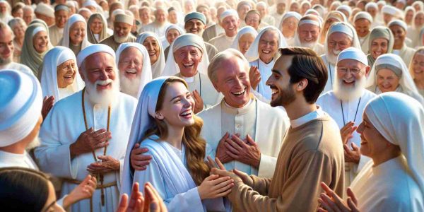 An ultra high-definition image capturing the essence of joy and mercy. The scene presents a gathering of religious leaders, signifying unity and harmony. A female religious leader of Caucasian descent and a Hispanic male religious leader are at the centre, happily engaged in a conversation indicating mutual respect. They are surrounded by a diverse group of religious leaders of different genders and descents. Happiness and mercy are pervading the environment, and the message of compassion and love is clear. The atmosphere is filled with warmth and understanding, embodying the essential teachings of their faith.