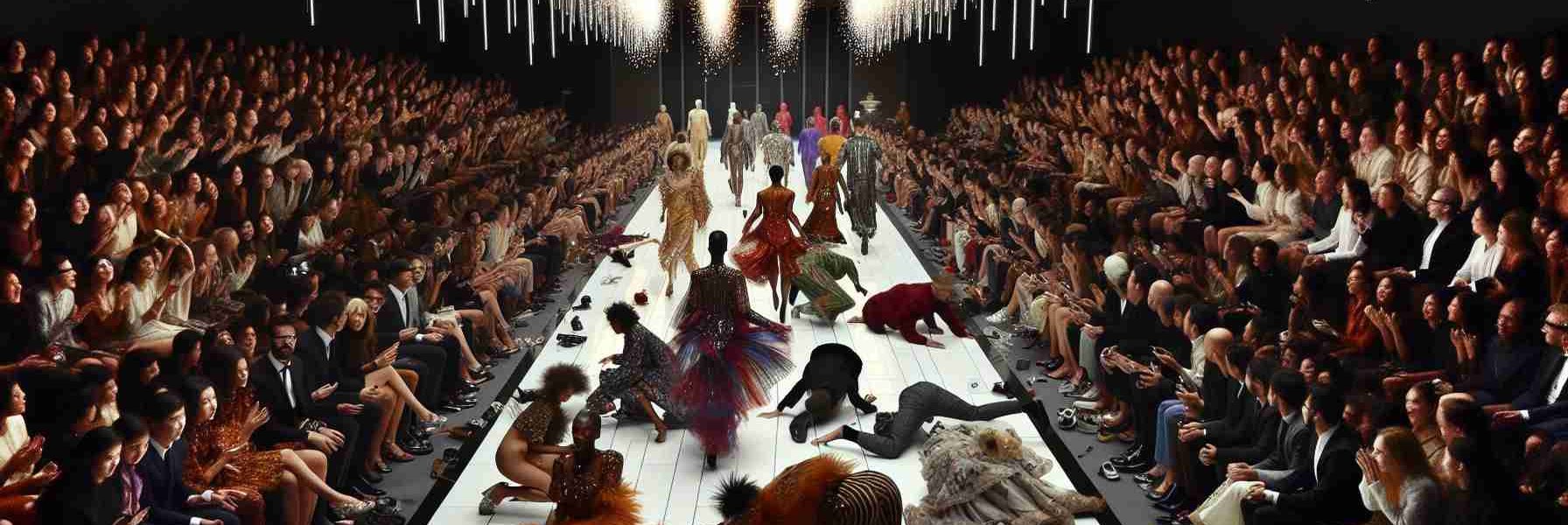 Generate an ultra high definition image of a chaotic scene at a fashion show, capturing the unexpected turn of events. It should incorporate a grand runway with brightly lit walkway, models in avant-garde ensembles of various colours, textures, and designs, and a closely-packed audience; the spectators and models reflect a global diversity, including Black, Caucasian, South Asian, Middle-Eastern and Hispanic individuals. The chaos could be symbolised by malfunctioning lighting and pyrotechnics, forgotten props scattered on the walkway, a flustered model with a dress caught on her shoe, and an audience in a state of gasps and laughter.