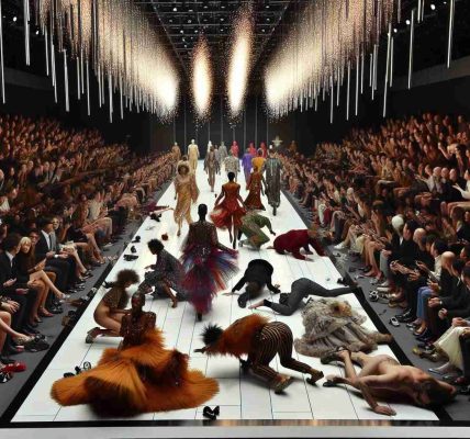 Generate an ultra high definition image of a chaotic scene at a fashion show, capturing the unexpected turn of events. It should incorporate a grand runway with brightly lit walkway, models in avant-garde ensembles of various colours, textures, and designs, and a closely-packed audience; the spectators and models reflect a global diversity, including Black, Caucasian, South Asian, Middle-Eastern and Hispanic individuals. The chaos could be symbolised by malfunctioning lighting and pyrotechnics, forgotten props scattered on the walkway, a flustered model with a dress caught on her shoe, and an audience in a state of gasps and laughter.