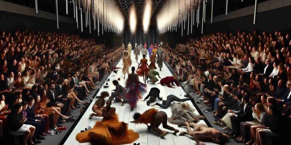 Generate an ultra high definition image of a chaotic scene at a fashion show, capturing the unexpected turn of events. It should incorporate a grand runway with brightly lit walkway, models in avant-garde ensembles of various colours, textures, and designs, and a closely-packed audience; the spectators and models reflect a global diversity, including Black, Caucasian, South Asian, Middle-Eastern and Hispanic individuals. The chaos could be symbolised by malfunctioning lighting and pyrotechnics, forgotten props scattered on the walkway, a flustered model with a dress caught on her shoe, and an audience in a state of gasps and laughter.