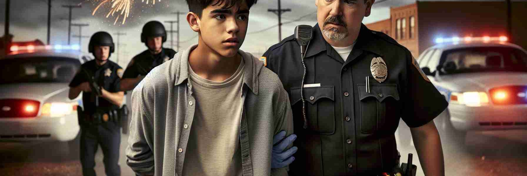 High-resolution, realistic image of a teenage boy, possibly of South Asian descent, being apprehended by a police officer, potentially Hispanic, for the unauthorized possession of fireworks. The teenager might be exhibiting an expression of surprise or fear, while the law enforcement officer maintains a stern, professional demeanor. The background can feature a nondescript urban setting in the evening time, with a scattering of ignited fireworks, which the boy likely launched prior to this scene, lighting up the sky.