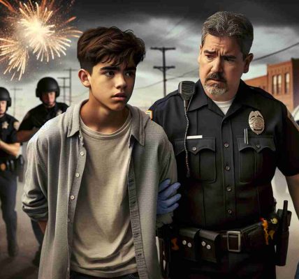 High-resolution, realistic image of a teenage boy, possibly of South Asian descent, being apprehended by a police officer, potentially Hispanic, for the unauthorized possession of fireworks. The teenager might be exhibiting an expression of surprise or fear, while the law enforcement officer maintains a stern, professional demeanor. The background can feature a nondescript urban setting in the evening time, with a scattering of ignited fireworks, which the boy likely launched prior to this scene, lighting up the sky.