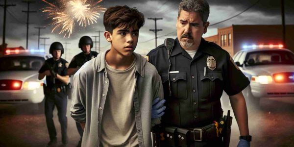 High-resolution, realistic image of a teenage boy, possibly of South Asian descent, being apprehended by a police officer, potentially Hispanic, for the unauthorized possession of fireworks. The teenager might be exhibiting an expression of surprise or fear, while the law enforcement officer maintains a stern, professional demeanor. The background can feature a nondescript urban setting in the evening time, with a scattering of ignited fireworks, which the boy likely launched prior to this scene, lighting up the sky.