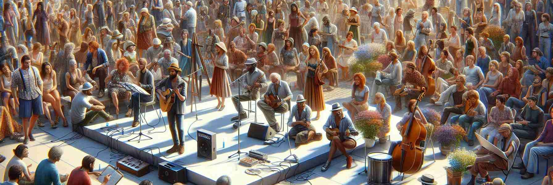 Realistic high-definition representation of a vibrant scene at an art and music festival. The atmosphere is filled with harmony and unity. Numerous individuals are present at the stage hearing the performers while others are busy admiring different works of art. People of various ages, professions, and races like Caucasian, Hispanic, Black, Middle-Eastern, South Asian, White are mingling, emphasizing the diversity of the festival. Musicians are playing a variety of instruments and the artists are in full concentration while working on their canvases. The festival is radiating light, color and the spirit of unity and peace.