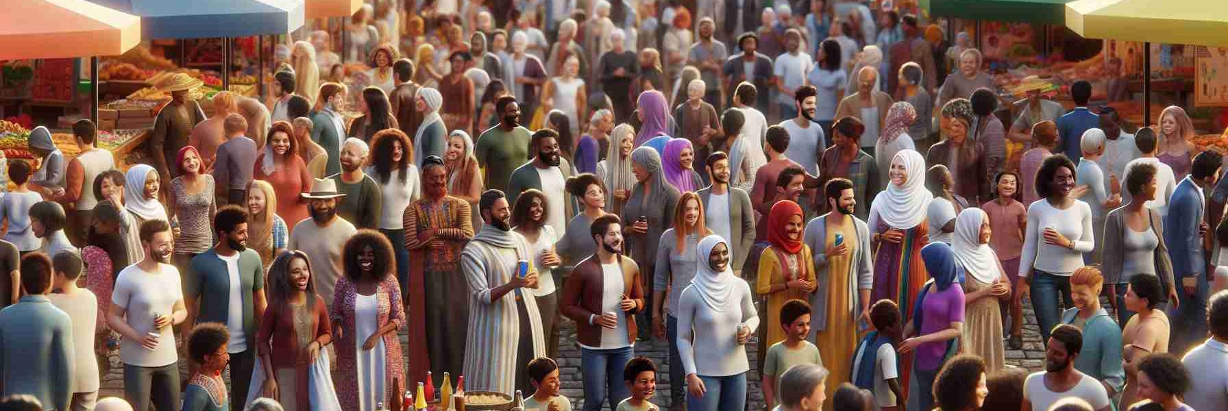 Realistic high definition image depicting a celebration of diversity in a lively community gathering. Imagine a scene with a bustling outdoor fair in full swing. The crowd is represented by individuals of different descents such as Caucasian, Hispanic, Middle-Eastern, South Asian, and Black. The genders are equally represented. People are laughing, talking, and enjoying the event. Stalls selling different foods and crafts from around the world, colorful decorations, and kids playing can be seen. The atmosphere radiates unity, joy, and mutual respect, truly encapsulating global humanity.