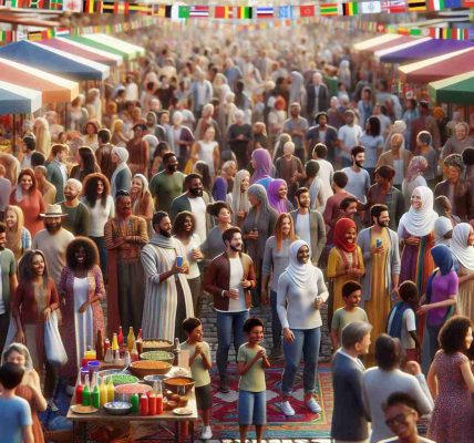 Realistic high definition image depicting a celebration of diversity in a lively community gathering. Imagine a scene with a bustling outdoor fair in full swing. The crowd is represented by individuals of different descents such as Caucasian, Hispanic, Middle-Eastern, South Asian, and Black. The genders are equally represented. People are laughing, talking, and enjoying the event. Stalls selling different foods and crafts from around the world, colorful decorations, and kids playing can be seen. The atmosphere radiates unity, joy, and mutual respect, truly encapsulating global humanity.