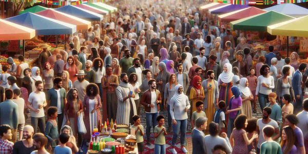 Realistic high definition image depicting a celebration of diversity in a lively community gathering. Imagine a scene with a bustling outdoor fair in full swing. The crowd is represented by individuals of different descents such as Caucasian, Hispanic, Middle-Eastern, South Asian, and Black. The genders are equally represented. People are laughing, talking, and enjoying the event. Stalls selling different foods and crafts from around the world, colorful decorations, and kids playing can be seen. The atmosphere radiates unity, joy, and mutual respect, truly encapsulating global humanity.