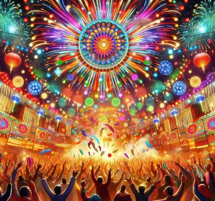 Create an HD image which captures the vivid explosion of colors and excitement of a lively extravaganza. Include multiple vibrant shades, lively people enjoying the event, joyous atmosphere complete with decorations, lights, and festive fixtures.