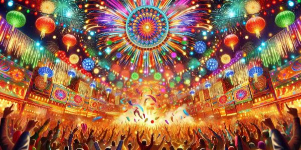 Create an HD image which captures the vivid explosion of colors and excitement of a lively extravaganza. Include multiple vibrant shades, lively people enjoying the event, joyous atmosphere complete with decorations, lights, and festive fixtures.