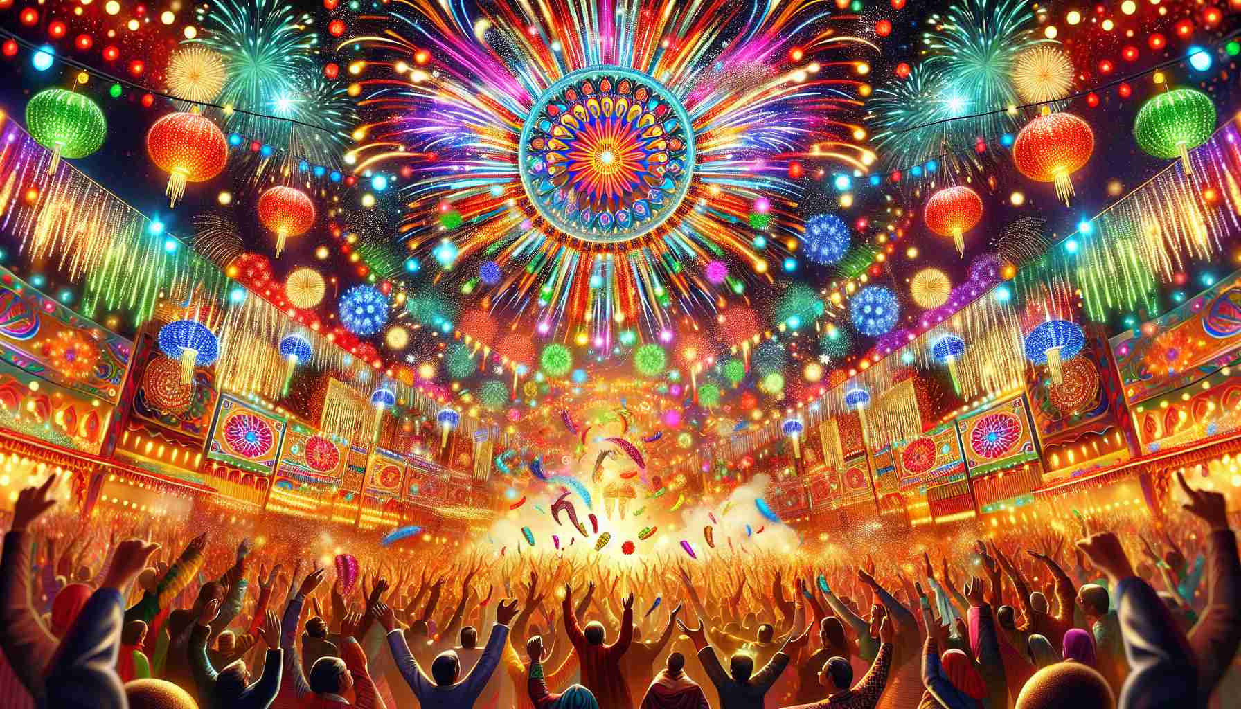 Create an HD image which captures the vivid explosion of colors and excitement of a lively extravaganza. Include multiple vibrant shades, lively people enjoying the event, joyous atmosphere complete with decorations, lights, and festive fixtures.