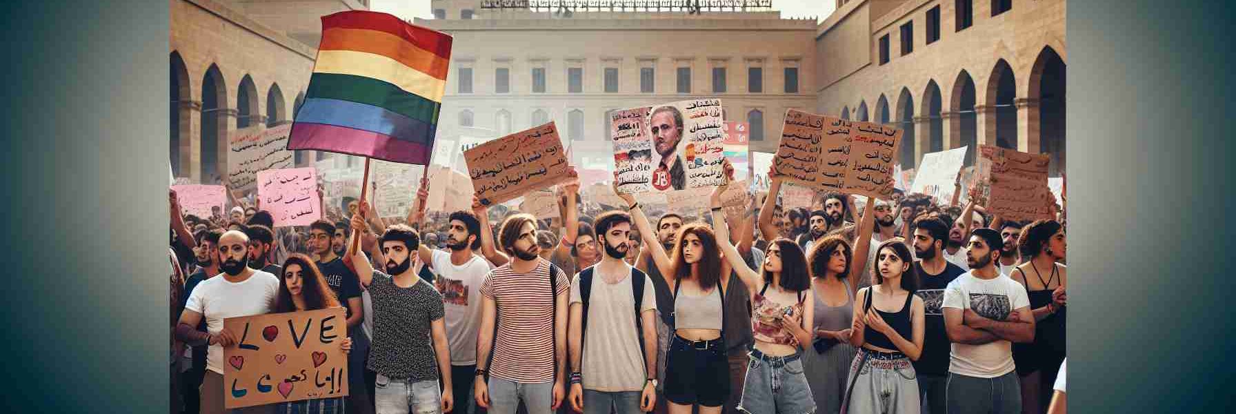 An HD photo capturing a moment of LGBTQ activism in the Middle East. A few individuals holding banners with slogans of love, equality, and acceptance are present in a public square. Their conviction and determination is mirrored in their postures and expressions. The background showcases iconic Middle Eastern architecture, and the crowd is diverse in age, descent, and gender, including Caucasian, Hispanic, Black, South Asian, Middle-Eastern and White individuals. The 'Pride' rainbow flag presents as a sign of unity among them, and the atmosphere is hopeful reinforced by the soft lighting, hinting at the possibility of positive change.