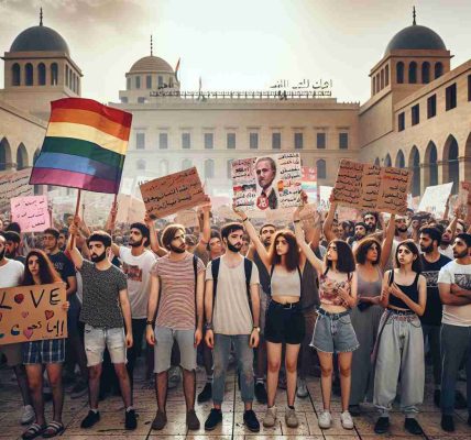 An HD photo capturing a moment of LGBTQ activism in the Middle East. A few individuals holding banners with slogans of love, equality, and acceptance are present in a public square. Their conviction and determination is mirrored in their postures and expressions. The background showcases iconic Middle Eastern architecture, and the crowd is diverse in age, descent, and gender, including Caucasian, Hispanic, Black, South Asian, Middle-Eastern and White individuals. The 'Pride' rainbow flag presents as a sign of unity among them, and the atmosphere is hopeful reinforced by the soft lighting, hinting at the possibility of positive change.