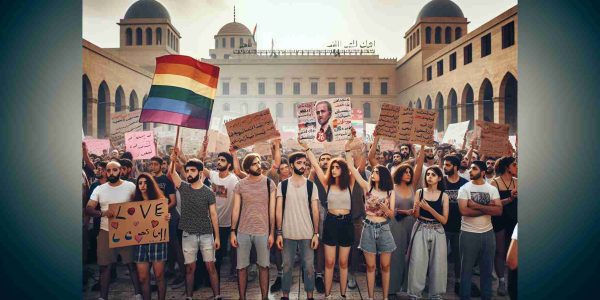 An HD photo capturing a moment of LGBTQ activism in the Middle East. A few individuals holding banners with slogans of love, equality, and acceptance are present in a public square. Their conviction and determination is mirrored in their postures and expressions. The background showcases iconic Middle Eastern architecture, and the crowd is diverse in age, descent, and gender, including Caucasian, Hispanic, Black, South Asian, Middle-Eastern and White individuals. The 'Pride' rainbow flag presents as a sign of unity among them, and the atmosphere is hopeful reinforced by the soft lighting, hinting at the possibility of positive change.