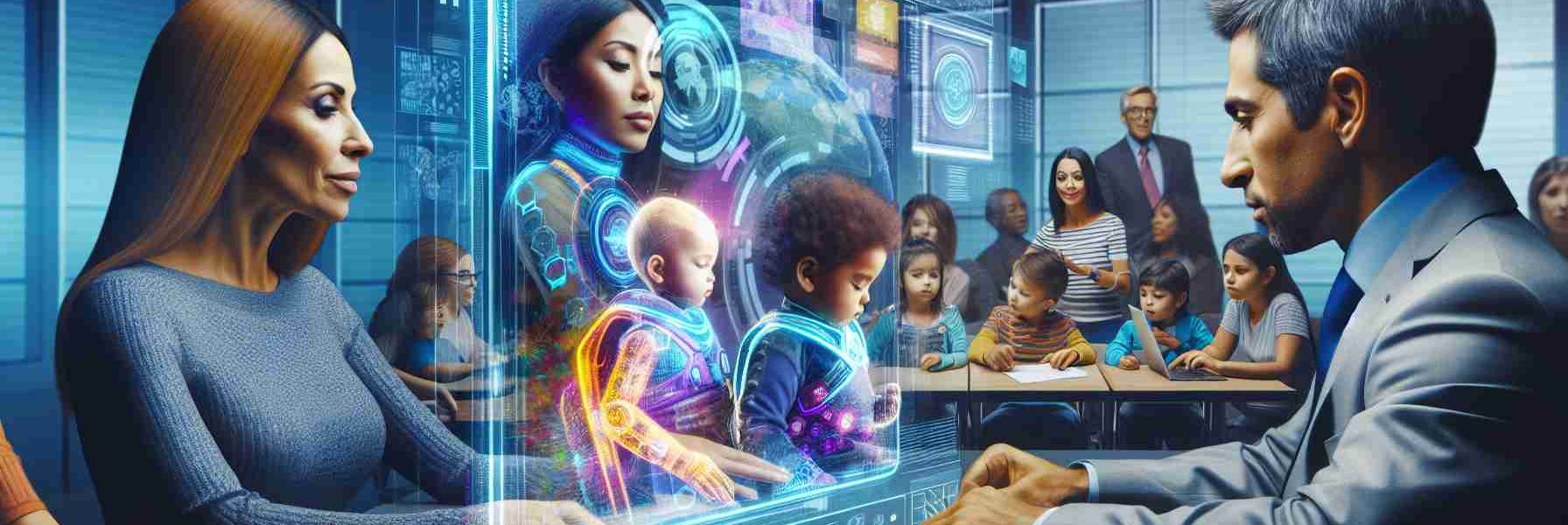 Generate a realistic high definition image representing 'The Future of Parental Rights in Education.' Seen is a duality: on one side a mother of East Asian descent and a father of Middle Eastern descent deeply engaged in their child's digital education through a futuristic holographic interface displaying vivid educational content. On the other side, parents— a Hispanic woman and a Black man — attending a school council meeting, expressing their views and influencing educational policies. This symbolizes parents' increased involvement and influence in the future of education.