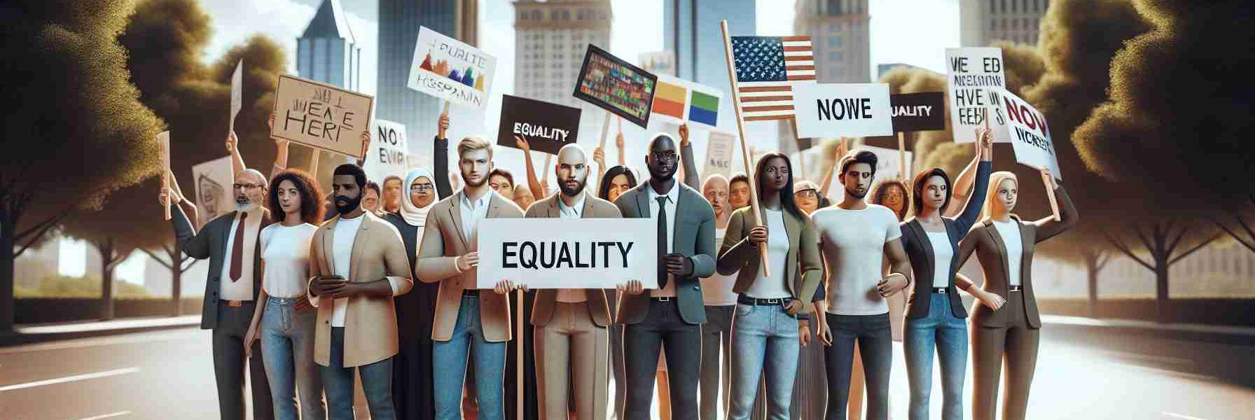 A high-definition realistic photo depicting a diverse group of advocates rallying for equality in Georgia. The scene includes men and women of different descents such as Caucasian, Black, Middle-Eastern, Hispanic, and South Asian holding picket signs advocating for equality. The landscape is urban, with tall buildings indicative of a city setting. The sky is clear, suggesting it's a sunny day. The atmosphere is energized yet peaceful, reflecting the rally's objective of promoting unity and equality.