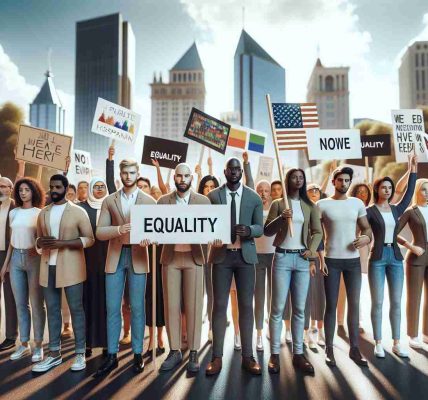 A high-definition realistic photo depicting a diverse group of advocates rallying for equality in Georgia. The scene includes men and women of different descents such as Caucasian, Black, Middle-Eastern, Hispanic, and South Asian holding picket signs advocating for equality. The landscape is urban, with tall buildings indicative of a city setting. The sky is clear, suggesting it's a sunny day. The atmosphere is energized yet peaceful, reflecting the rally's objective of promoting unity and equality.