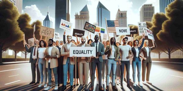 A high-definition realistic photo depicting a diverse group of advocates rallying for equality in Georgia. The scene includes men and women of different descents such as Caucasian, Black, Middle-Eastern, Hispanic, and South Asian holding picket signs advocating for equality. The landscape is urban, with tall buildings indicative of a city setting. The sky is clear, suggesting it's a sunny day. The atmosphere is energized yet peaceful, reflecting the rally's objective of promoting unity and equality.