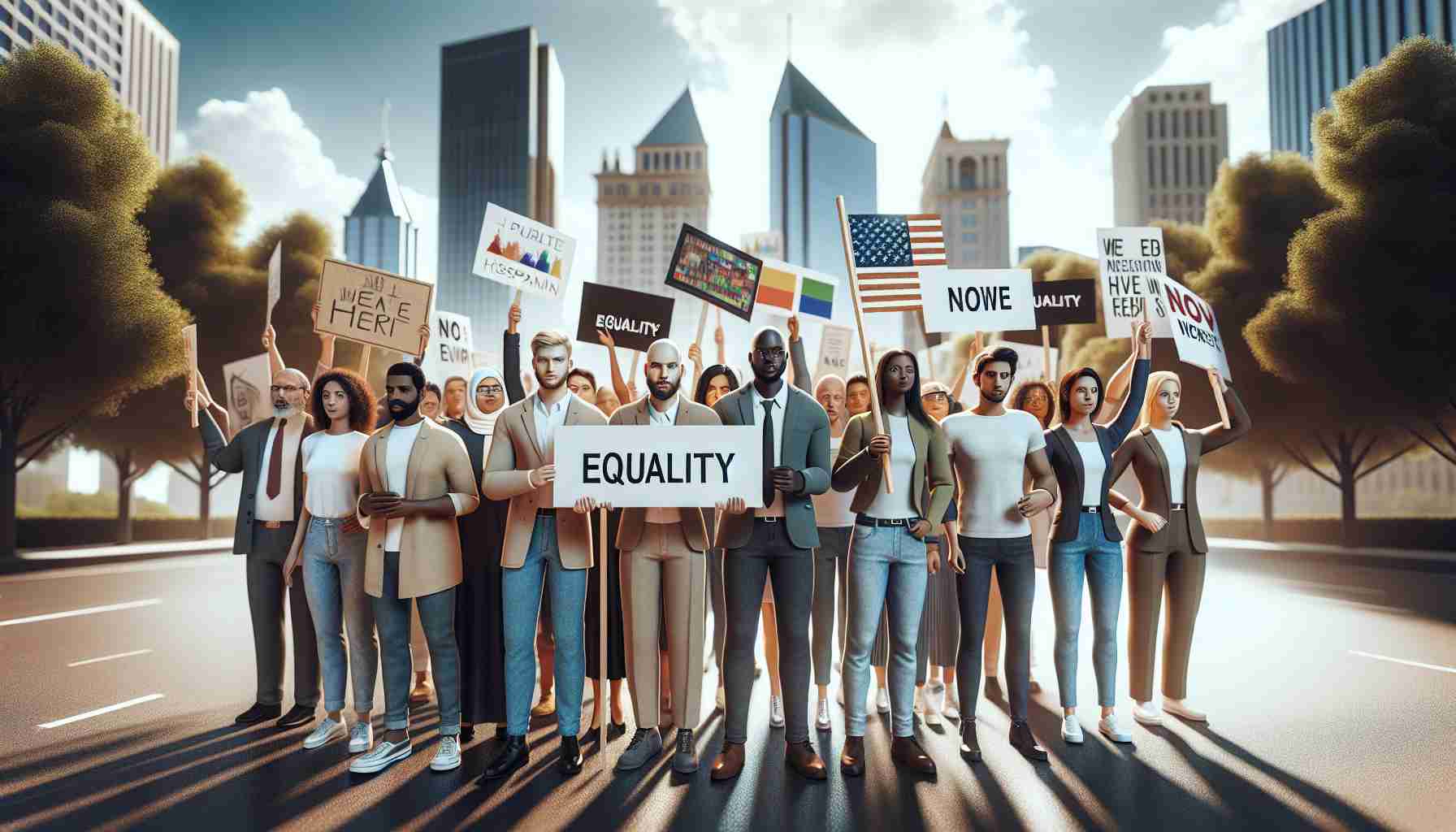 A high-definition realistic photo depicting a diverse group of advocates rallying for equality in Georgia. The scene includes men and women of different descents such as Caucasian, Black, Middle-Eastern, Hispanic, and South Asian holding picket signs advocating for equality. The landscape is urban, with tall buildings indicative of a city setting. The sky is clear, suggesting it's a sunny day. The atmosphere is energized yet peaceful, reflecting the rally's objective of promoting unity and equality.