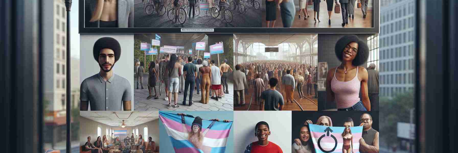 Realistic high definition representation of an ad campaign across the nation focusing on transgender rights, showing diverse settings and scenarios to reflect the national scope. The campaign includes various promotional materials such as billboards, posters, digital ads, etc. The key feature is inclusivity, depicting individuals of different genders, including transgender, and descents like Black, Caucasian, Hispanic, Middle-Eastern, South Asian. The ad does not associate with any political party. Note: refrain from showcasing any specific politicians or public figures.