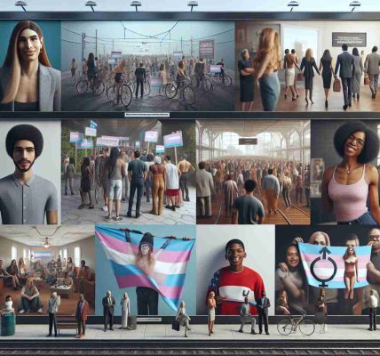 Realistic high definition representation of an ad campaign across the nation focusing on transgender rights, showing diverse settings and scenarios to reflect the national scope. The campaign includes various promotional materials such as billboards, posters, digital ads, etc. The key feature is inclusivity, depicting individuals of different genders, including transgender, and descents like Black, Caucasian, Hispanic, Middle-Eastern, South Asian. The ad does not associate with any political party. Note: refrain from showcasing any specific politicians or public figures.