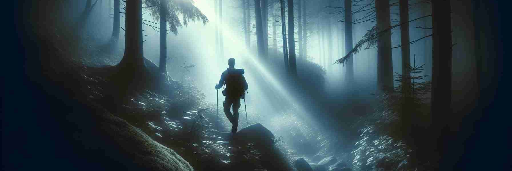 Generate a realistic high-definition image that represents the concept of exploring the unseen, symbolized by the liberation of inner strength. This can be visualized with a scene showing a person on a journey -- for instance, a Caucasian man navigating a dense, misty forest, illuminated by a mysterious light that could signify his inner strength being revealed. The photo should convey an atmosphere of adventure, self-discovery, and empowerment.