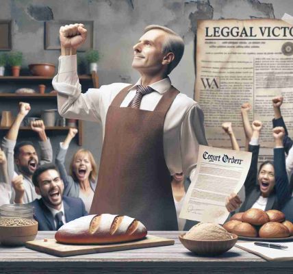 A high-definition, realistic image depicting a triumphant scene of a baker overcoming legal challenges. The baker, a middle-aged Caucasian male, is pumping his fist victoriously in the air while holding a freshly baked loaf of bread in his other hand. It's a small, rustic bakery with various bakery items on display and patrons of different genders and descents expressing their enthusiasm and support. The background subtly features a document indicating the legal victory, perhaps a court order or a headline in a newspaper.