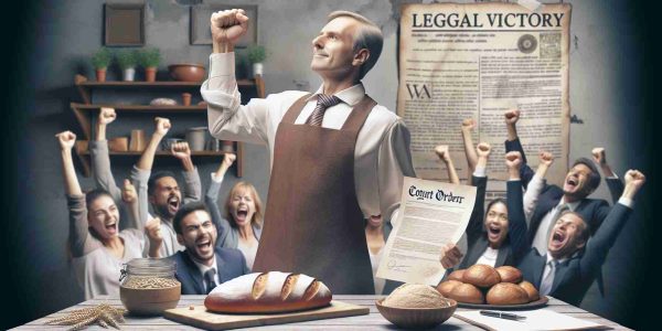 A high-definition, realistic image depicting a triumphant scene of a baker overcoming legal challenges. The baker, a middle-aged Caucasian male, is pumping his fist victoriously in the air while holding a freshly baked loaf of bread in his other hand. It's a small, rustic bakery with various bakery items on display and patrons of different genders and descents expressing their enthusiasm and support. The background subtly features a document indicating the legal victory, perhaps a court order or a headline in a newspaper.