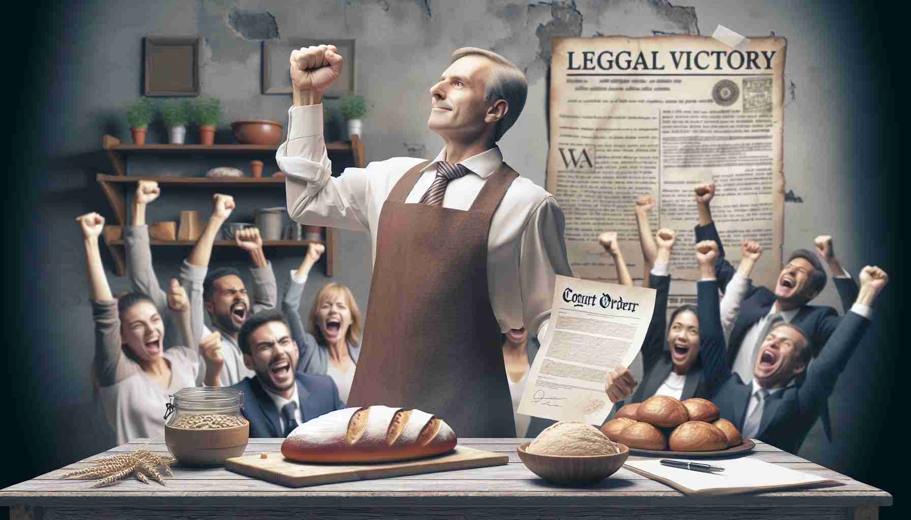 A high-definition, realistic image depicting a triumphant scene of a baker overcoming legal challenges. The baker, a middle-aged Caucasian male, is pumping his fist victoriously in the air while holding a freshly baked loaf of bread in his other hand. It's a small, rustic bakery with various bakery items on display and patrons of different genders and descents expressing their enthusiasm and support. The background subtly features a document indicating the legal victory, perhaps a court order or a headline in a newspaper.