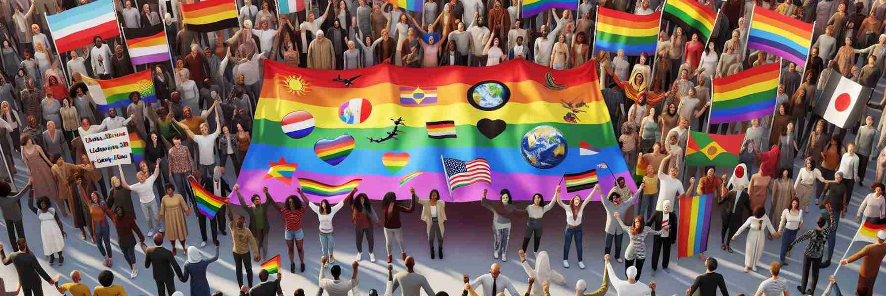 Create a High Definition, realistic image symbolizing the celebration of L.G.B.T.Q. identities worldwide. The image features people from different descents such as Caucasians, Hispanics, Black, Middle-Eastern, South Asian, and others, all showing support for the L.G.B.T.Q. community. Elements can include a diverse array of flags representing different L.G.B.T.Q. identities, people holding hands, participating in peaceful marches or gatherings, expressing joy and unity. Please avoid any stereotyped or offensive imagery.