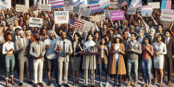 A high-definition, realistic image depicting a diverse group of advocates rallying for expanded healthcare rights for transgender individuals. The group comprises individuals of varied descents - Hispanic, Asian, Caucasian, Black, and Middle-Eastern. Some of them are holding signs with powerful messages, while others are engaged in inspiring speeches. The atmosphere is hopeful and energized, demonstrating unity and determination. They are located in a public space, with buildings and the sky in the background.