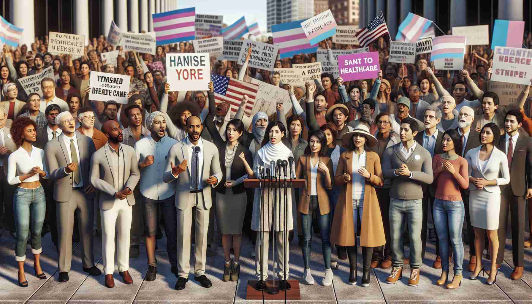 A high-definition, realistic image depicting a diverse group of advocates rallying for expanded healthcare rights for transgender individuals. The group comprises individuals of varied descents - Hispanic, Asian, Caucasian, Black, and Middle-Eastern. Some of them are holding signs with powerful messages, while others are engaged in inspiring speeches. The atmosphere is hopeful and energized, demonstrating unity and determination. They are located in a public space, with buildings and the sky in the background.