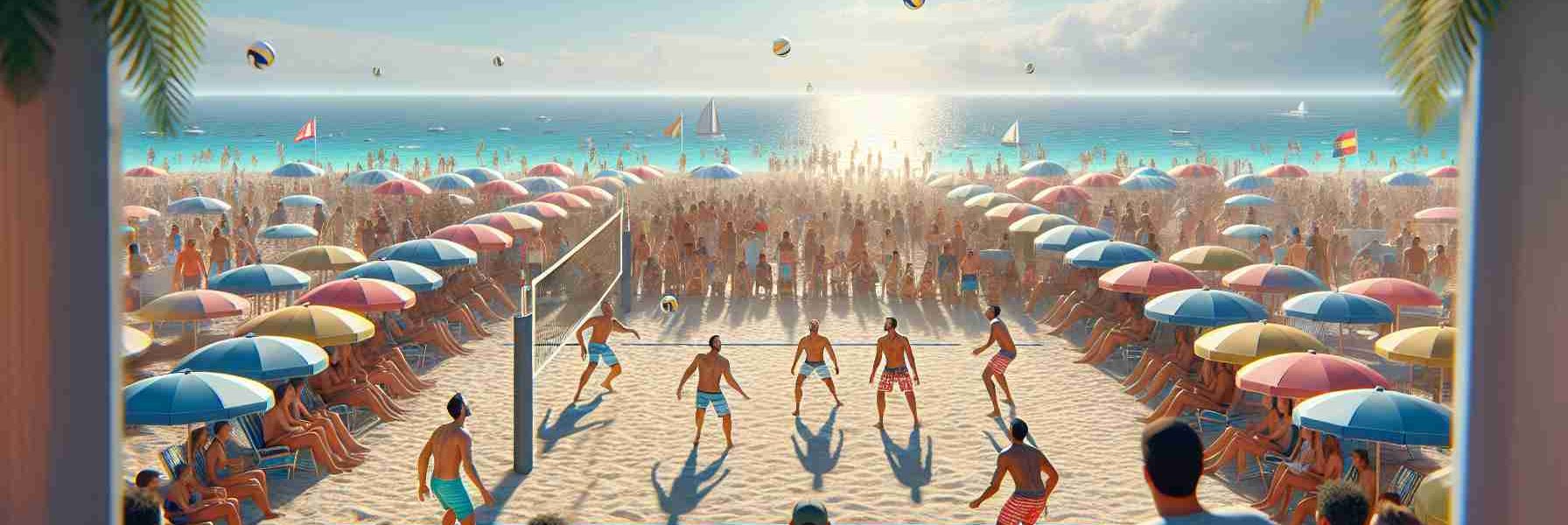 Render a realistic, high-definition image illustrating the increasing popularity of beach volleyball, exemplified through the following scene: a crowded sandy beach on a sunny day. In the middle of the scene, a highly competitive match of beach volleyball is in progress. Four players - two South Asian men and two Hispanic women - are exhibiting their skills in a nail-biting match. They are surrounded by a diverse crowd of excited spectators who are eagerly cheering them on, reflecting the growing trend among sports enthusiasts. The landscape expands to show colorful beach umbrellas, a vast blue ocean, and a brilliant sun to give a complete beach vibe.