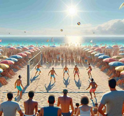 Render a realistic, high-definition image illustrating the increasing popularity of beach volleyball, exemplified through the following scene: a crowded sandy beach on a sunny day. In the middle of the scene, a highly competitive match of beach volleyball is in progress. Four players - two South Asian men and two Hispanic women - are exhibiting their skills in a nail-biting match. They are surrounded by a diverse crowd of excited spectators who are eagerly cheering them on, reflecting the growing trend among sports enthusiasts. The landscape expands to show colorful beach umbrellas, a vast blue ocean, and a brilliant sun to give a complete beach vibe.