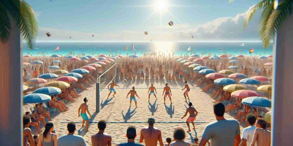 Render a realistic, high-definition image illustrating the increasing popularity of beach volleyball, exemplified through the following scene: a crowded sandy beach on a sunny day. In the middle of the scene, a highly competitive match of beach volleyball is in progress. Four players - two South Asian men and two Hispanic women - are exhibiting their skills in a nail-biting match. They are surrounded by a diverse crowd of excited spectators who are eagerly cheering them on, reflecting the growing trend among sports enthusiasts. The landscape expands to show colorful beach umbrellas, a vast blue ocean, and a brilliant sun to give a complete beach vibe.