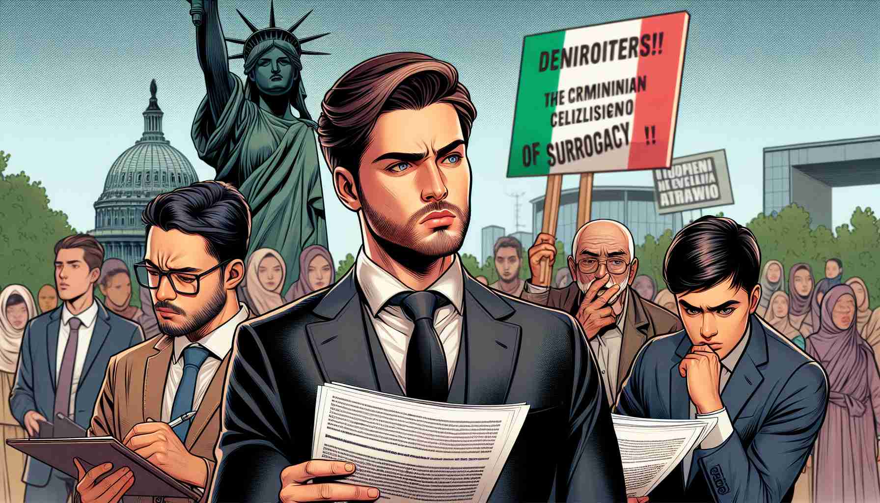 Create an illustrative HD image showing the controversy in Italy over the criminalization of surrogacy. Depict a Caucasian protestor carrying a placard expressing disagreement, an Asian lawyer studying the new law documents, a Middle-Eastern individual who appears to be mulling the news, and a Hispanic news reporter covering the story.