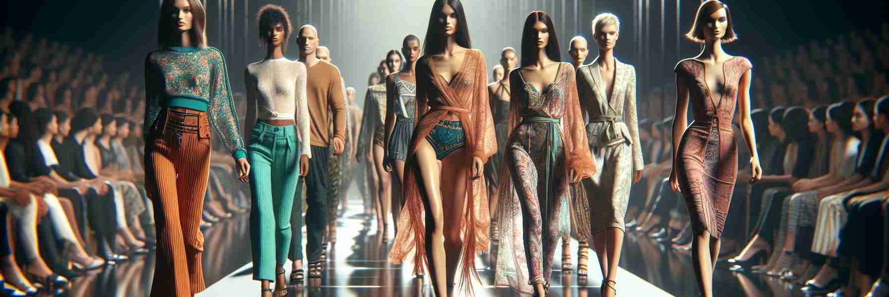 High-definition, realistic image of a revamped fashion show, echoing the scale and spectacle of renowned fashion events, but with a transformative twist making it more inclusive and diverse. Showcase models of varying sizes, shapes, ethnicities, and genders walking down the ramp, exuding confidence and vibrance. The scene should flaunt a variety of unique couture and casual-style clothing, and an enigmatic ambiance that raises the anticipation and excitement among the audience.