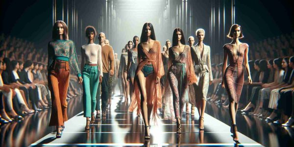 High-definition, realistic image of a revamped fashion show, echoing the scale and spectacle of renowned fashion events, but with a transformative twist making it more inclusive and diverse. Showcase models of varying sizes, shapes, ethnicities, and genders walking down the ramp, exuding confidence and vibrance. The scene should flaunt a variety of unique couture and casual-style clothing, and an enigmatic ambiance that raises the anticipation and excitement among the audience.