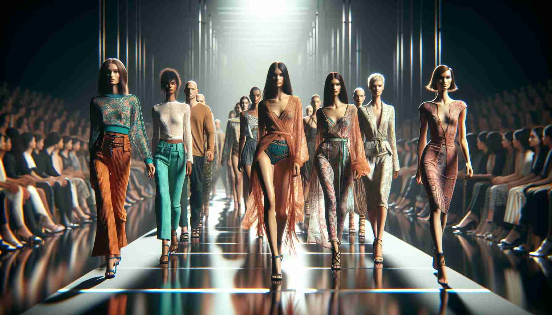 High-definition, realistic image of a revamped fashion show, echoing the scale and spectacle of renowned fashion events, but with a transformative twist making it more inclusive and diverse. Showcase models of varying sizes, shapes, ethnicities, and genders walking down the ramp, exuding confidence and vibrance. The scene should flaunt a variety of unique couture and casual-style clothing, and an enigmatic ambiance that raises the anticipation and excitement among the audience.