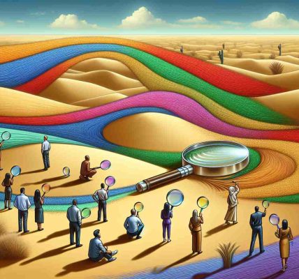 Illustrate an abstract concept where the shifting sands of a desert are shown to represent changing political conversations. Each grain of sand can be a different color, indicating diverse viewpoints. Nearby, a group of diverse individuals, each with a unique color-coded magnifying glass, studies these sands closely. These individuals represent voters, with the color of their magnifying glasses indicating their priorities. The desert landscape evolves under the wind, empathizing the constant change. Ensure this image is rendered in a detailed, high-definition style.