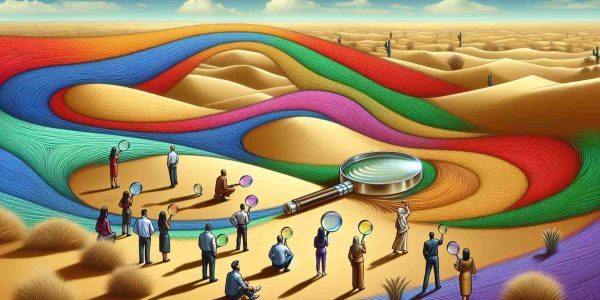 Illustrate an abstract concept where the shifting sands of a desert are shown to represent changing political conversations. Each grain of sand can be a different color, indicating diverse viewpoints. Nearby, a group of diverse individuals, each with a unique color-coded magnifying glass, studies these sands closely. These individuals represent voters, with the color of their magnifying glasses indicating their priorities. The desert landscape evolves under the wind, empathizing the constant change. Ensure this image is rendered in a detailed, high-definition style.