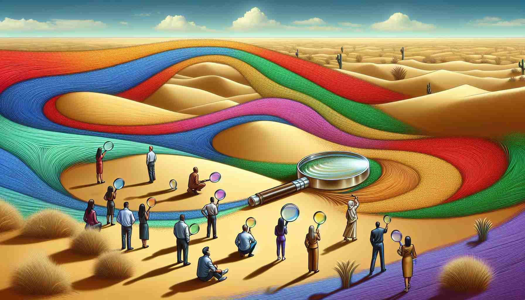 Illustrate an abstract concept where the shifting sands of a desert are shown to represent changing political conversations. Each grain of sand can be a different color, indicating diverse viewpoints. Nearby, a group of diverse individuals, each with a unique color-coded magnifying glass, studies these sands closely. These individuals represent voters, with the color of their magnifying glasses indicating their priorities. The desert landscape evolves under the wind, empathizing the constant change. Ensure this image is rendered in a detailed, high-definition style.