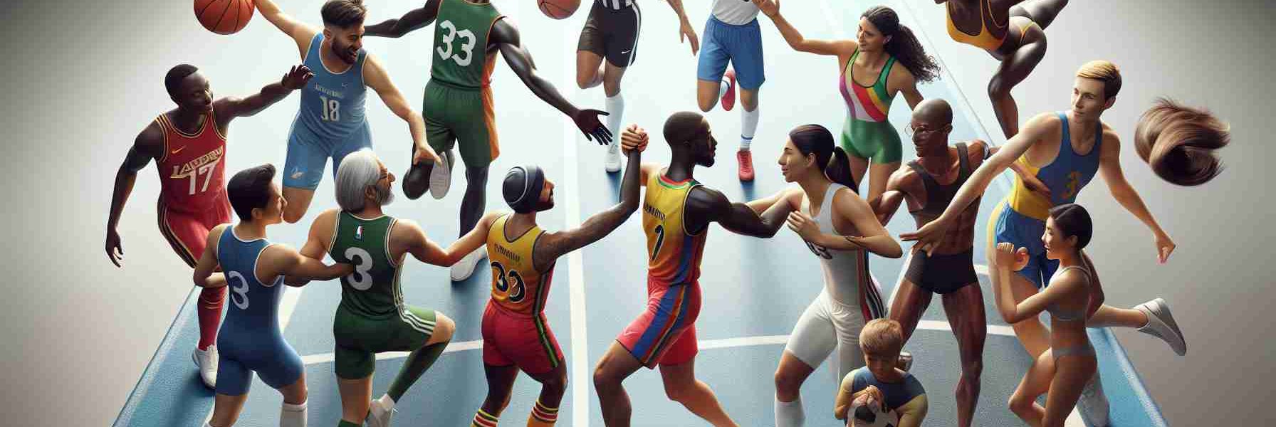 A high-definition, realistic image illustrating the embrace of diversity in sports as a path toward inclusivity. It includes an array of athletes of differing racial descents: a Black woman playing basketball, a Hispanic man as a soccer player, a Middle-Eastern woman swimming, a South Asian man running track, a Caucasian man playing hockey, and a White woman performing gymnastics. All of them are united, demonstrating camaraderie through handshakes, high-fives, and motivational talks, symbolizing the solidarity in embracing diverse backgrounds and uniting under shared interests and ambitions.